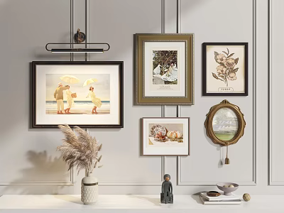 Stylish Wall Decor With Framed Artworks Vases Sculpture And Books 3d model