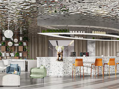 Modern Reception Area Featuring White Terrazzo Desk Metallic Textured Ceiling And Orange Chairs 3d model