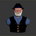 3D Male Character Bust With Black Hat White Beard Blue Shirt And Black Vest Design