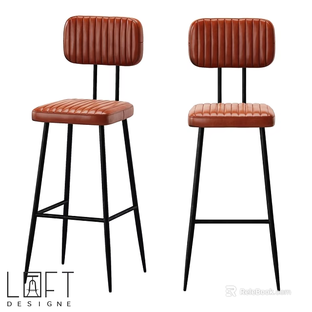 Brown Leather Ribbed Bar Stools With Black Metal Legs And Modern Design 3d model 