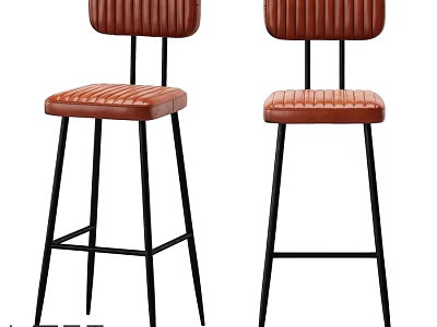Brown Leather Ribbed Bar Stools With Black Metal Legs And Modern Design 3d model