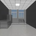 Commercial Kitchen With Stainless Steel Shelves Long Corridor White Walls Windows And Ceiling Lights