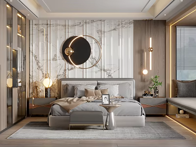 Modern Bedroom Interior Design With Marble Texture Wall Circular Decor Nightstands And Table Lamps 3d model