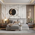 Modern Bedroom Interior Design With Marble Texture Wall Circular Decor Nightstands And Table Lamps