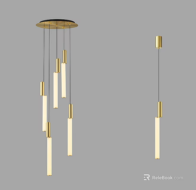 Contemporary Gold Linear Pendant Light Design Featuring Hanging Cylindrical Tubes And Sleek Rods 3d model 