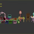 Vintage Interior Scene With Golden Luggage Rack Various Suitcases Purple Armchair And Table Lamps