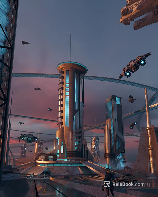 Futuristic Cityscape With Tall Towers Flying Vehicles And Twilight Sky 3d model 