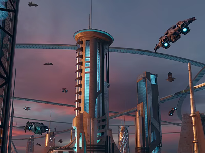 Futuristic Cityscape With Tall Towers Flying Vehicles And Twilight Sky 3d model