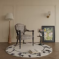 Patterned Fabric Dining Chair With Armrests Floor Lamp And Round Rug On Wooden Floor