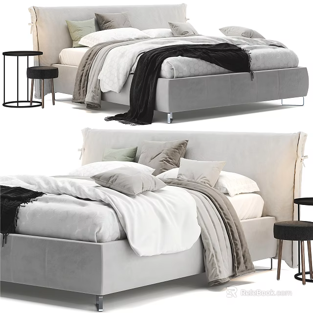 Elegant Modern Double Bed With Soft Pillows Blankets And Side Stools 3d model 