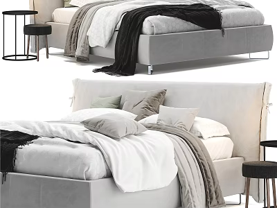 Elegant Modern Double Bed With Soft Pillows Blankets And Side Stools 3d model