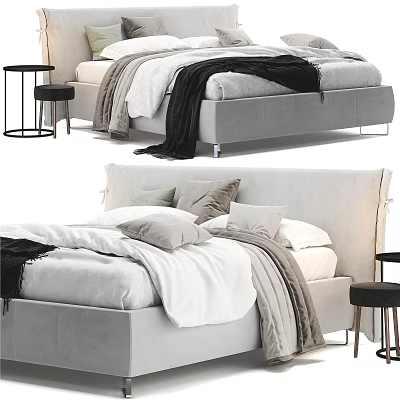 Elegant Modern Double Bed With Soft Pillows Blankets And Side Stools 3d model