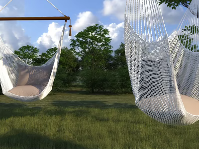 Outdoor Garden Hinged Door With White Hanging Chairs Green Grass And Trees 3d model