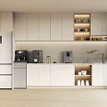 Modern Minimalist Kitchen Interior With White Cabinets Refrigerator Coffee Machine Countertop Shelves And Window Blinds