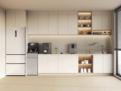 Modern Minimalist Kitchen Interior With White Cabinets Refrigerator Coffee Machine Countertop Shelves And Window Blinds 3d model