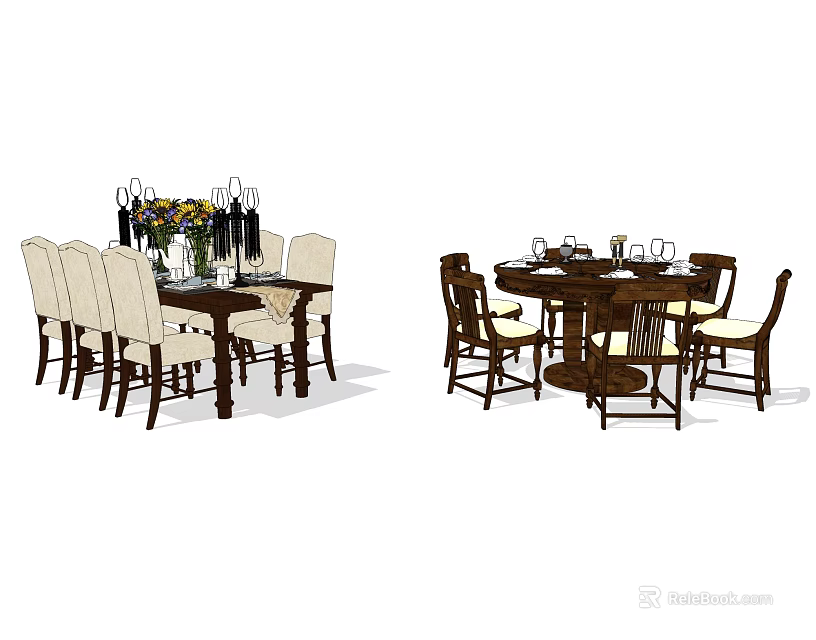 Classic Wooden Dining Table Set With Beige Chairs Rectangular Round Designs Decorative Vases And Glassware 3d model