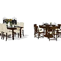 Classic Wooden Dining Table Set With Beige Chairs Rectangular Round Designs Decorative Vases And Glassware 3d model