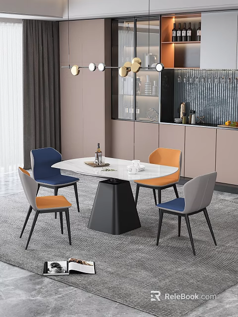 Modern Dining Table Set With White Round Tabletop Black Base And Colorful Chairs 3d model 