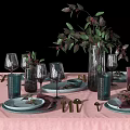 Elegant Dinnerware Set On Pink Tablecloth With Plates Glasses Cutlery And Green Plants