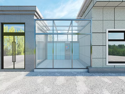 Modern Building Exterior Featuring Glass Enclosed Elevator Structure Stone Wall Glass Door And Window 3d model