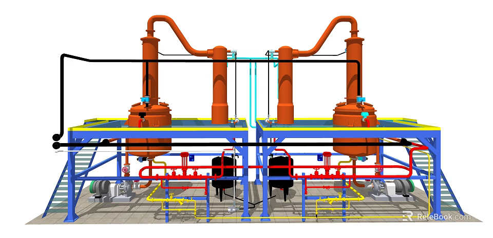 Industrial Equipment Setup With Large Orange Storage Tanks Blue Support Structures And Connected Pipes 3d model 