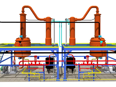 Industrial Equipment Setup With Large Orange Storage Tanks Blue Support Structures And Connected Pipes 3d model