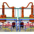 Industrial Equipment Setup With Large Orange Storage Tanks Blue Support Structures And Connected Pipes
