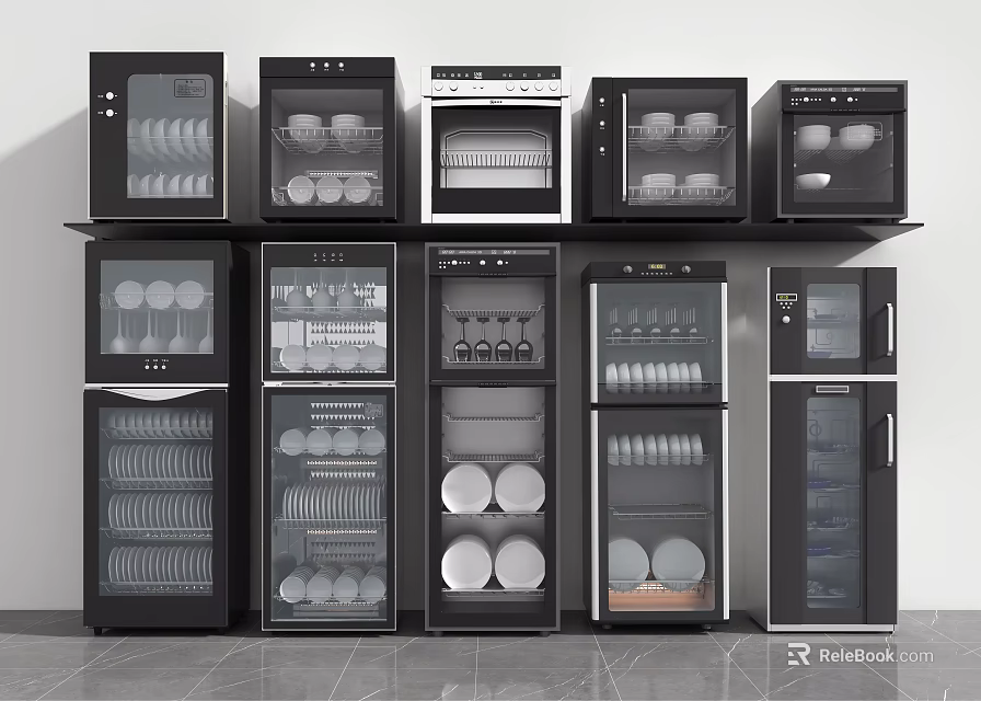 Black Kitchen Appliances With Various Styles And Sizes Neatly Arranged On Shelves 3d model 