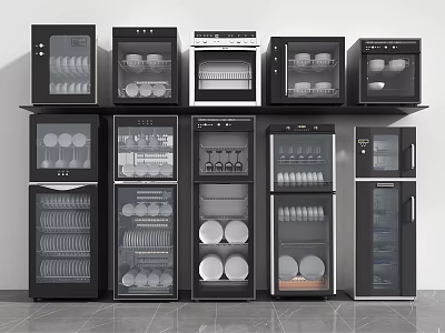 Black Kitchen Appliances With Various Styles And Sizes Neatly Arranged On Shelves 3d model