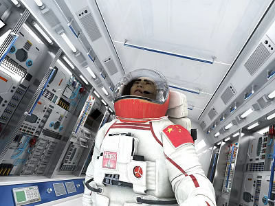 Astronaut in Space Station Cabin Interior with Control Panels and Equipment 3d model