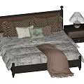 Double Bed with Dark Headboard Patterned Pillows Green Accent Pillow Brown Throw and Nightstand Lamp 3d model