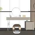 Modern Dressing Table with Round Mirror Brown Stool and Decor Items 3d model