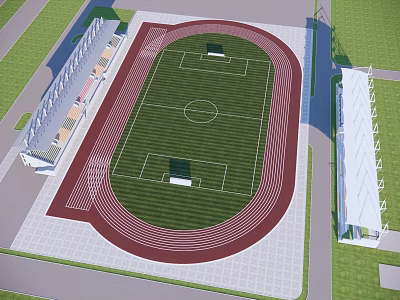 Football Field Design With Running Track Spectator Stands And Green Turf 3d model