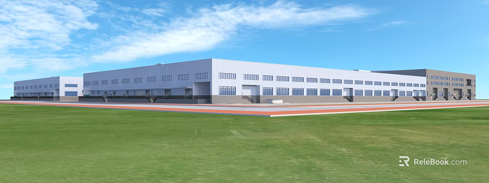 Modern Industrial Factory Building Featuring White Exterior Large Windows and Green Lawn Front 3d model 