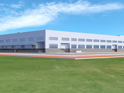 Modern Industrial Factory Building Featuring White Exterior Large Windows and Green Lawn Front 3d model