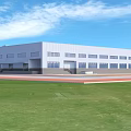 Modern Industrial Factory Building Featuring White Exterior Large Windows and Green Lawn Front