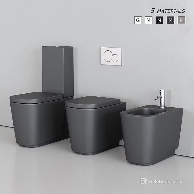 Three Modern Black Toilets With Washbasin And Round Control Panel On Light Gray Wall 3d model