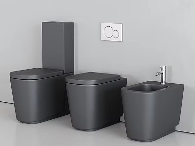 Three Modern Black Toilets With Washbasin And Round Control Panel On Light Gray Wall 3d model