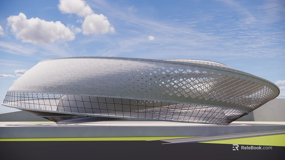 Modern Architectural Building With Curved Glass Facade Perforated Roof Under Blue Sky 3d model 