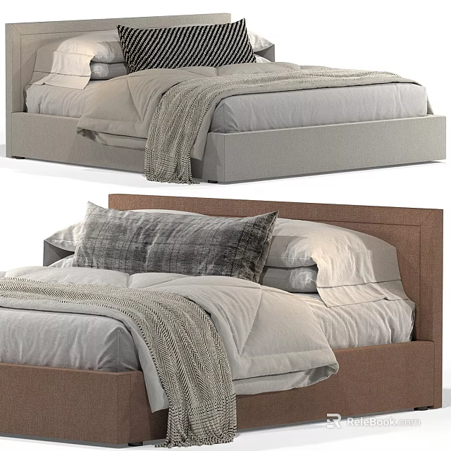 Modern Double Bed Interior With Linen Bedding Wooden Headboard And Throw Blanket 3d model 