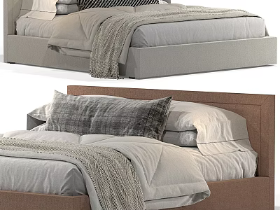Modern Double Bed Interior With Linen Bedding Wooden Headboard And Throw Blanket 3d model