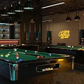 Modern Billiard Room Interior With Stylish Tables Chandeliers And Bar Counter