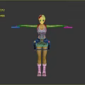 3D Female Character With Red Hair Red Goggles Green Tank Top Brown Shorts And Knives