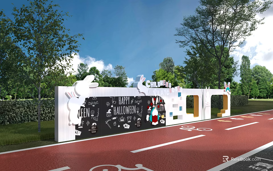 Decorative Halloween Themed Building Exterior Wall Featuring Cartoon Elements And Green Trees 3d model 