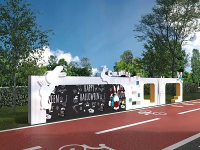 Decorative Halloween Themed Building Exterior Wall Featuring Cartoon Elements And Green Trees 3d model