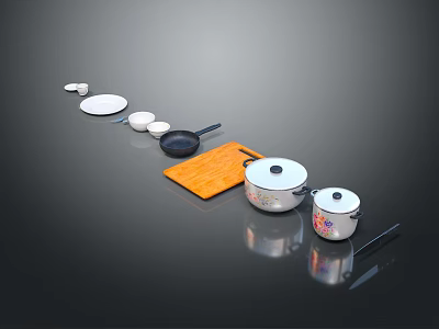 Essential Kitchen Items Including Plates Bowls Frying Pan Cutting Board And Pots 3d model