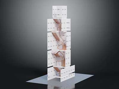 Modern Stacked Architectural Model With White Cubes And Connecting Orange Stairs 3d model