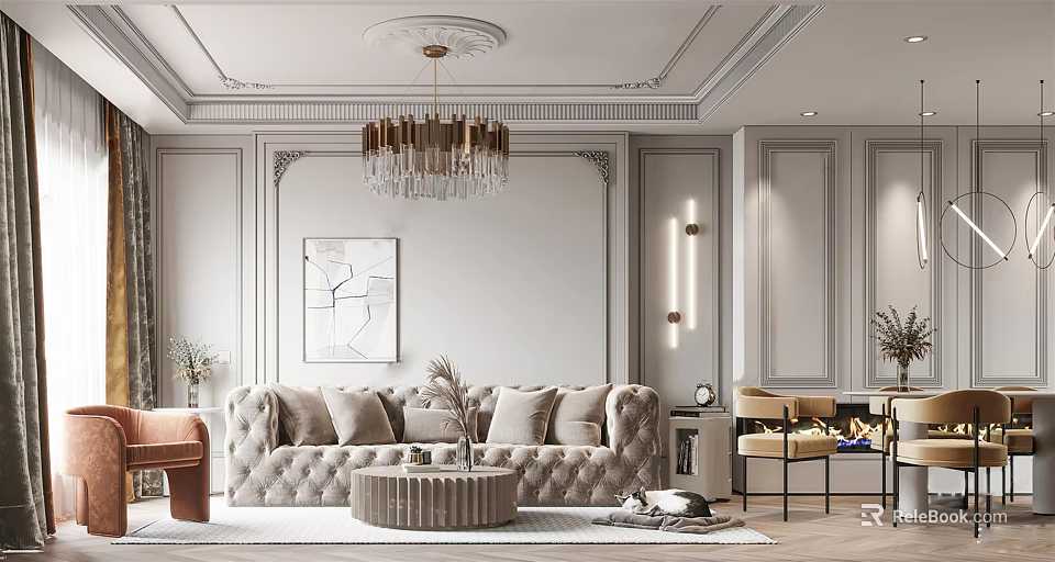 Elegant Modern Living and Dining Room Interior With Tufted Sofa Crystal Chandelier And Fireplace 3d model 
