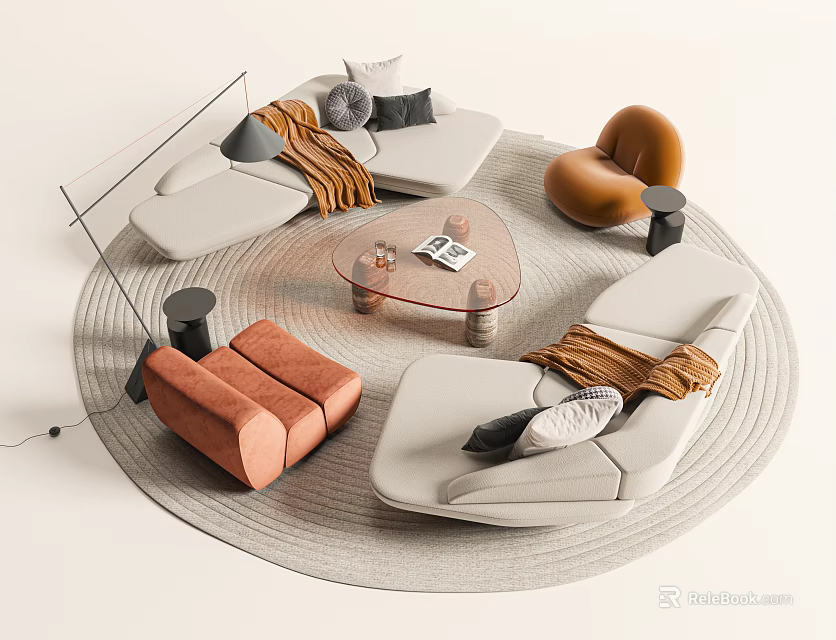 Modern Sofa And Coffee Table Set With Glass Top Gray Orange Seats And Decorative Pillows 3d model 