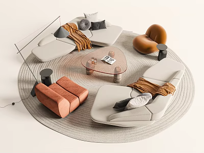 Modern Sofa And Coffee Table Set With Glass Top Gray Orange Seats And Decorative Pillows 3d model